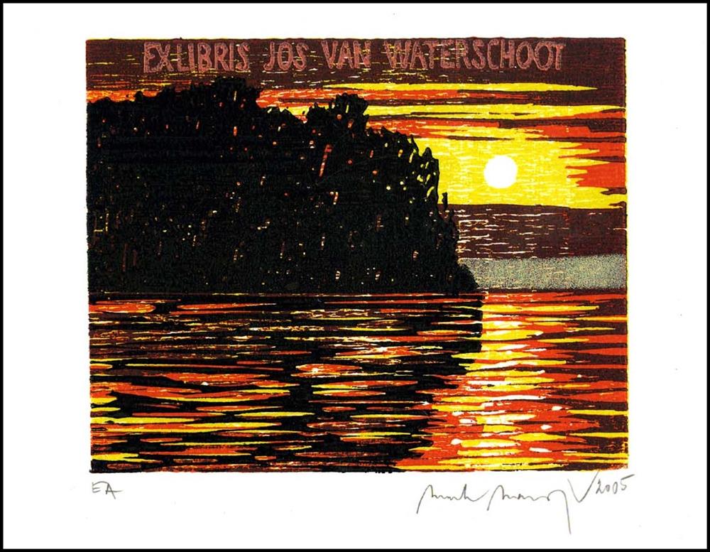 Západ slunce nad jezerem. Exlibris z roku 2005 vytvořené pro Jose van Waterschoota technikou dřevořezu a kombinovanou technikou. Autor: M. Manojlín